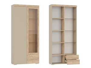 Шкаф 2-х дверный со стеклом и двумя ящиками ПАЛЕРМО 6-87002, дуб крафт золотой + капучино